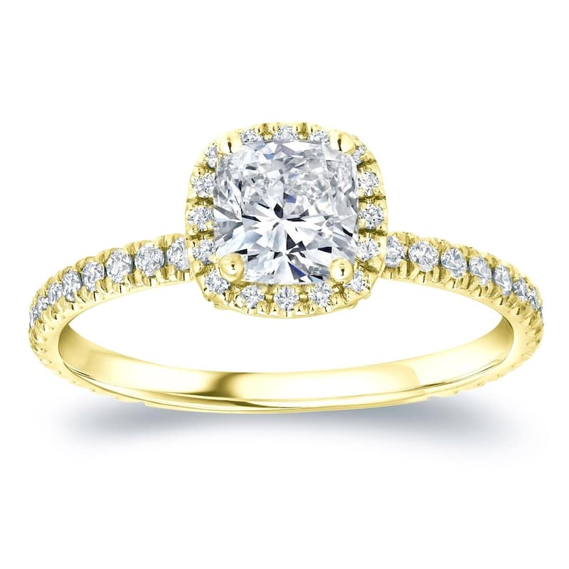 Auriya 14k Gold 1 1/2ctw Cushion-cut Halo Diamond Engagement Ring - 4 - Yellow