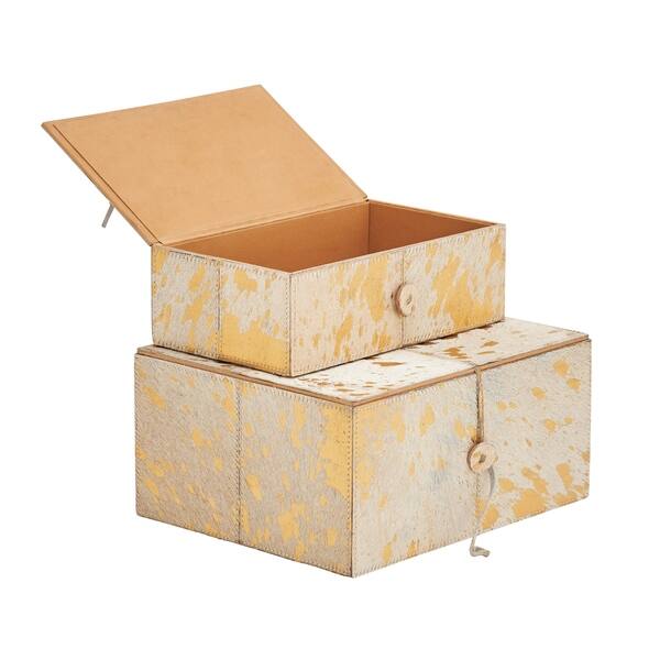 Shop Benzara White And Gold Wood And Leather Decorative Boxes Set