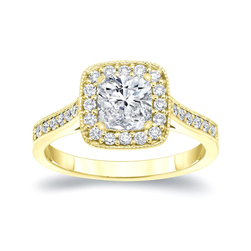Auriya 14k gold 1 1/2ctw Vintage Cushion-cut Halo Diamond Engagement Ring (H-I, SI1-SI2)