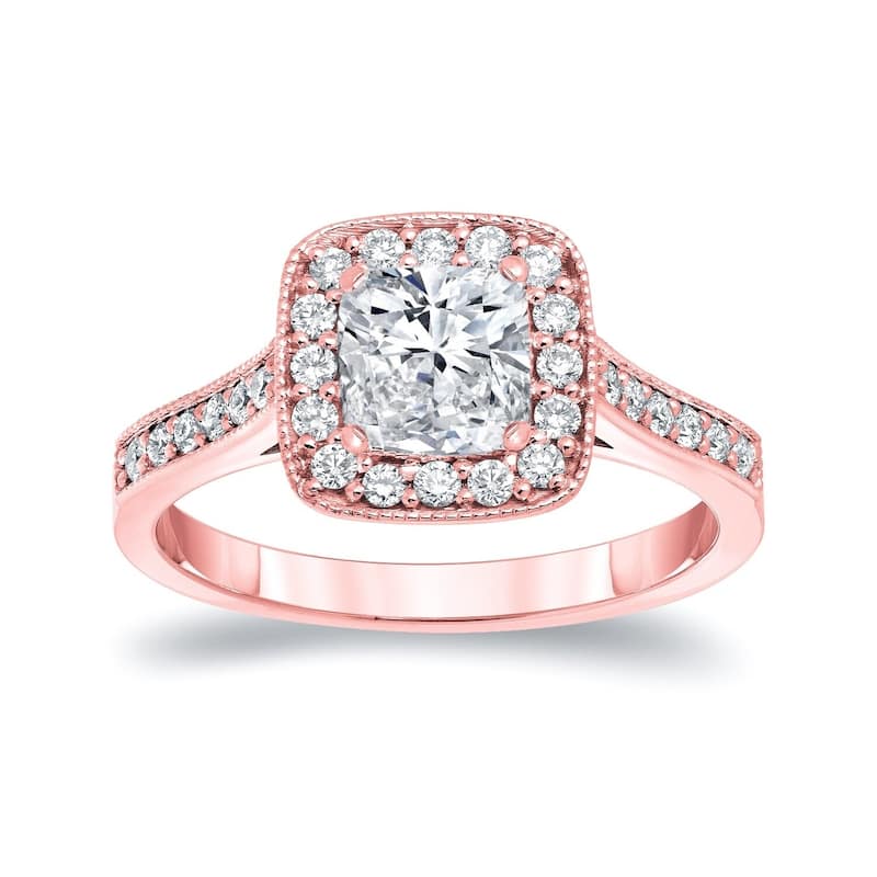 Auriya 14k gold 1 1/2ctw Vintage Cushion-cut Halo Diamond Engagement Ring (H-I, SI1-SI2) - 4 - Rose