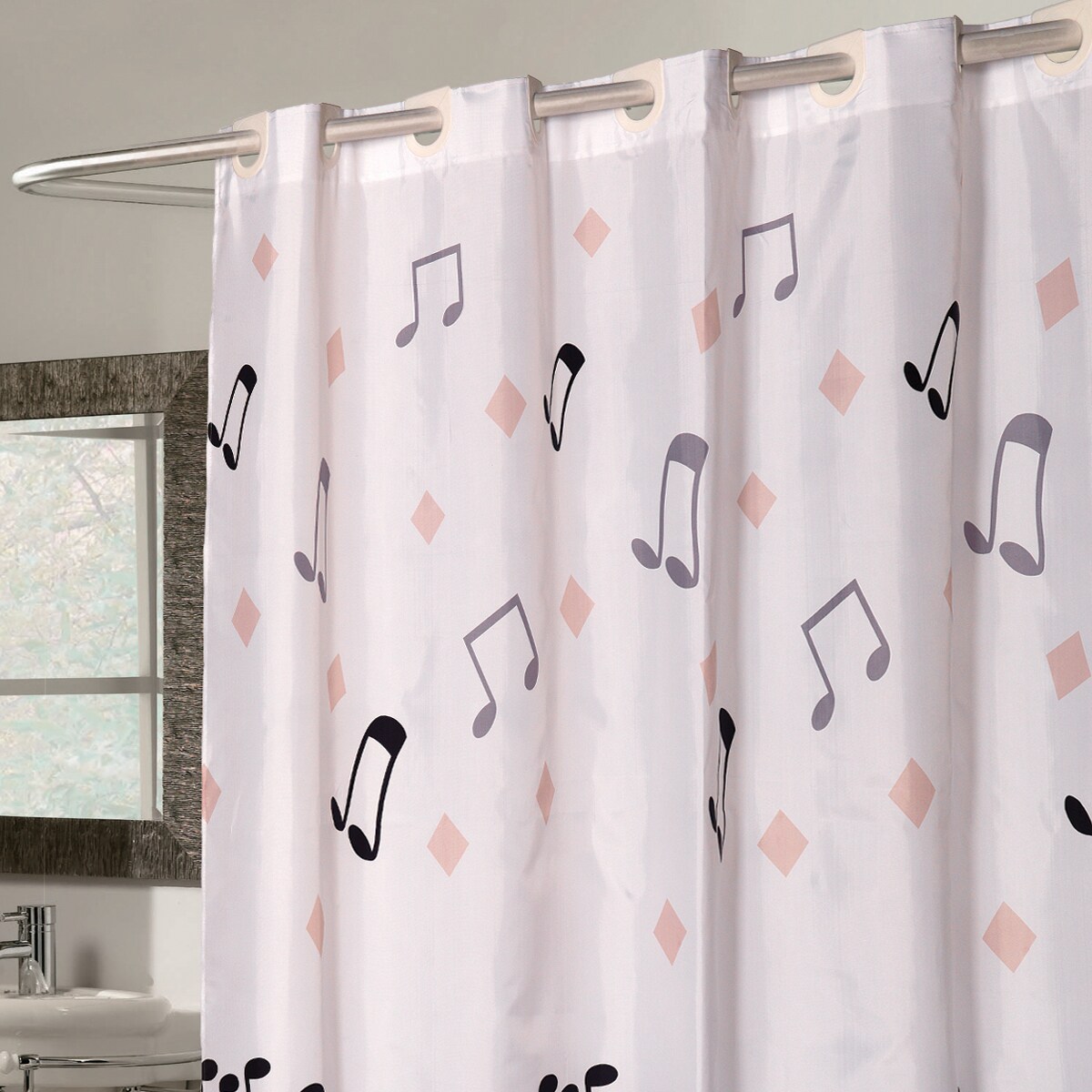 Music Notes 70x72 Ez On Fabric Shower Curtain With Built In Hooks