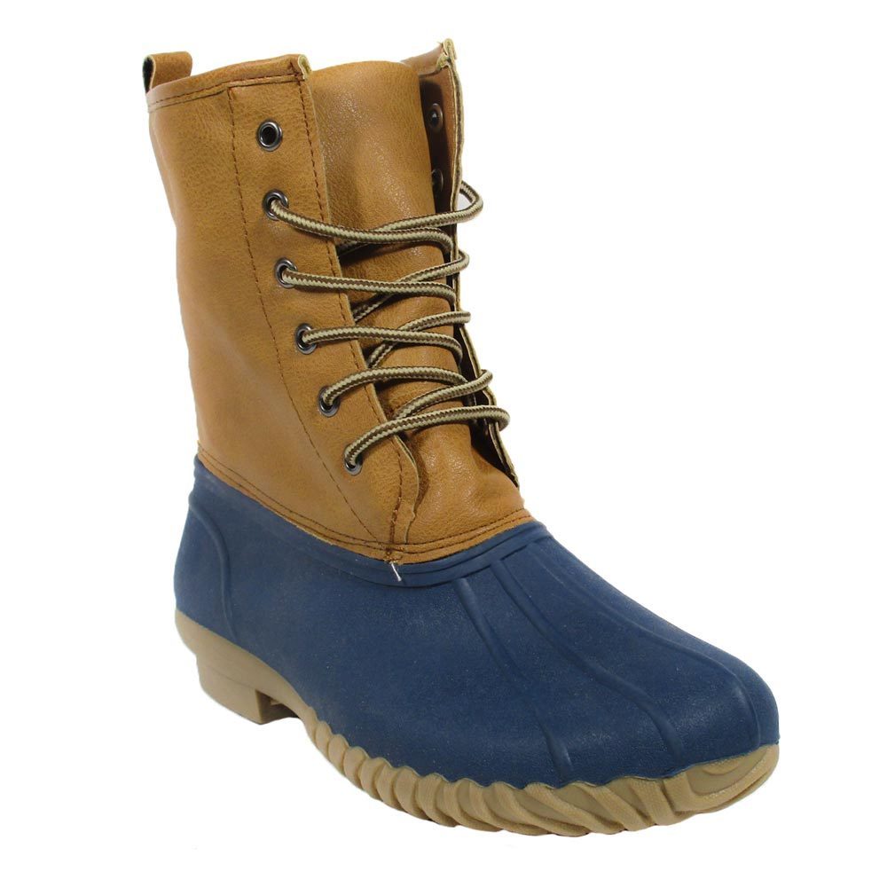 blue and tan duck boots