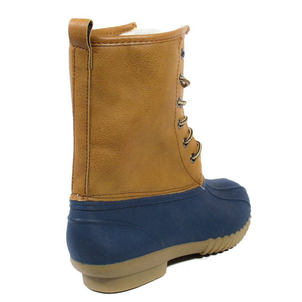 tan and blue duck boots