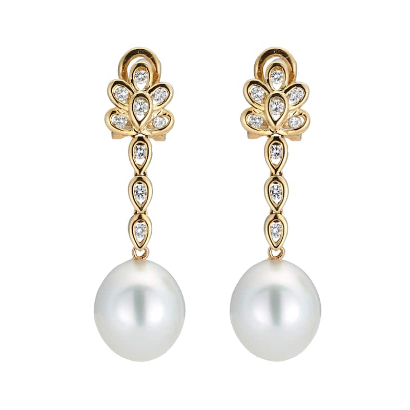 Kabella 14K Yellow Gold Southsea Pearl and 1/2ct TDW Diamond Drop Earrings