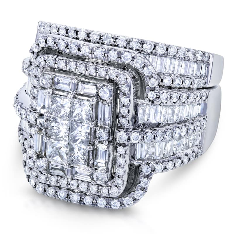 Annello by Kobelli 14k White Gold 2 1/2ct TDW Diamond Composite Rectangular Frame Bridal Rings Set