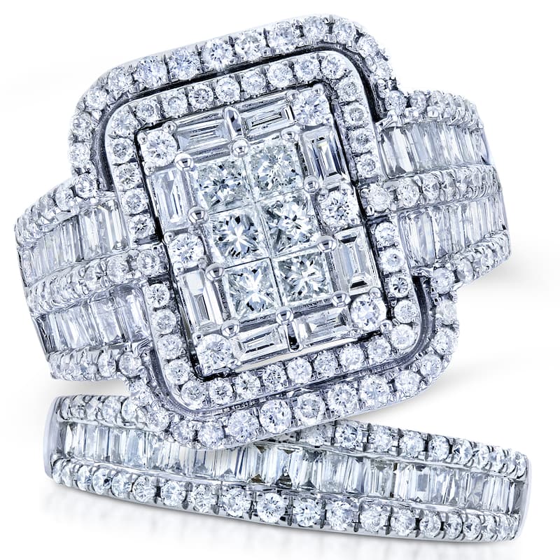 Annello by Kobelli 14k White Gold 2 1/2ct TDW Diamond Composite Rectangular Frame Bridal Rings Set