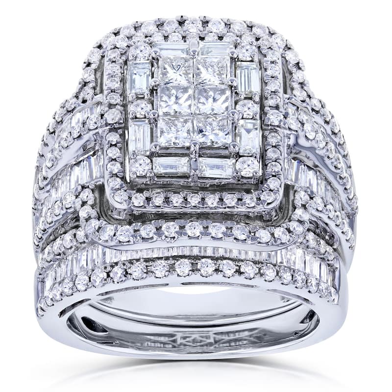 Annello by Kobelli 14k White Gold 2 1/2ct TDW Diamond Composite Rectangular Frame Bridal Rings Set - 4