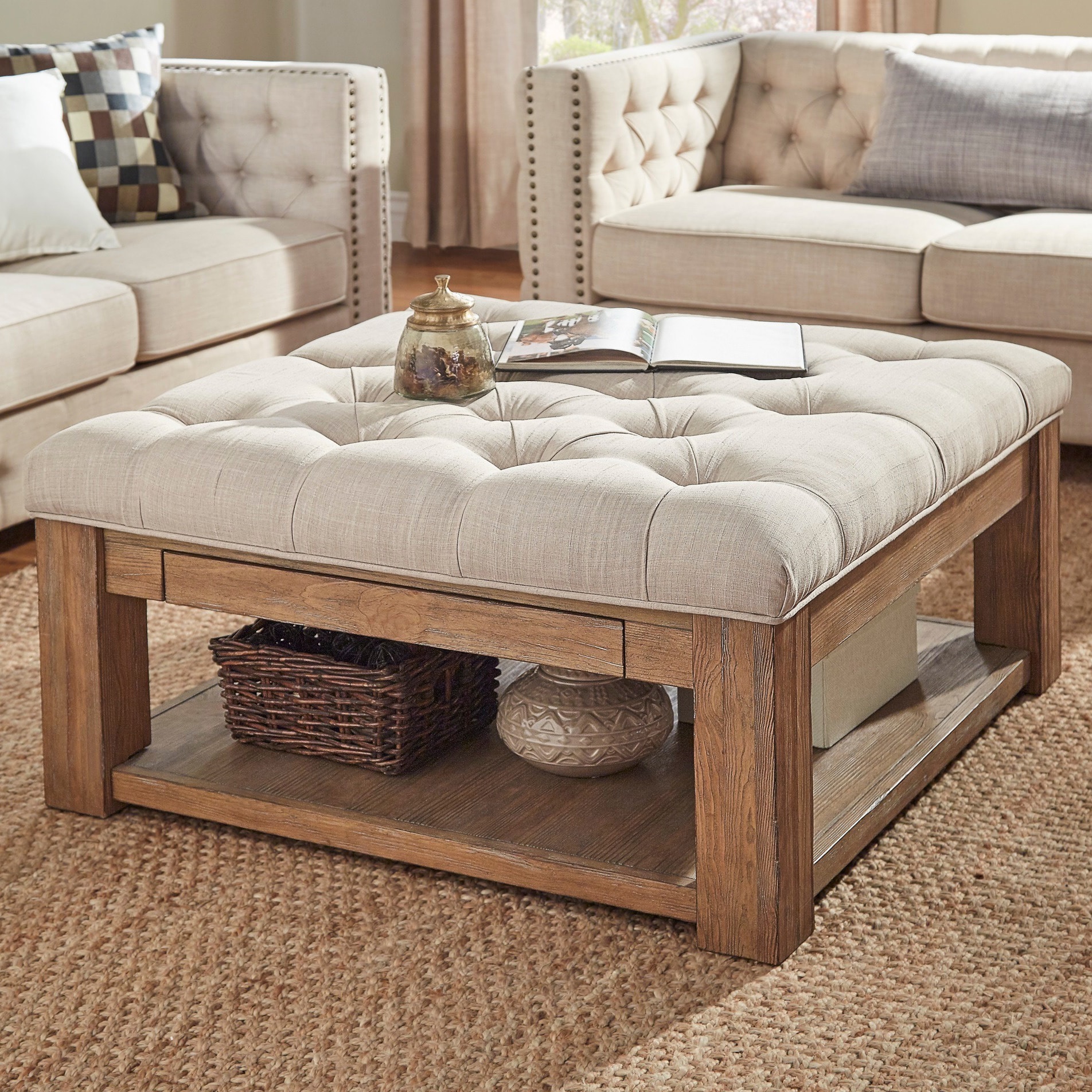 Lennon Pine Square Storage Ottoman Coffee Table by iNSPIRE ...