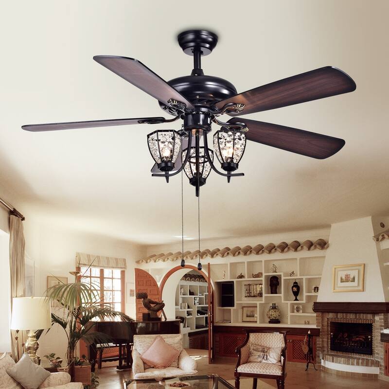 Mirabelle 3-light 5-blade 52-inch Black Metal and Crystal Lighted Ceiling Fan (Optional Remote) - Pull Chain