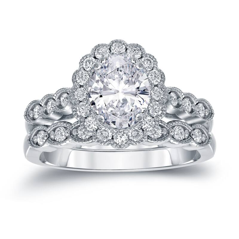 Auriya Vintage 2 1/10ctw Halo Oval Diamond Engagement Ring Set Platinum Certified