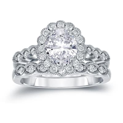 Auriya Vintage 2 1/10ctw Halo Oval Diamond Engagement Ring Set Platinum Certified