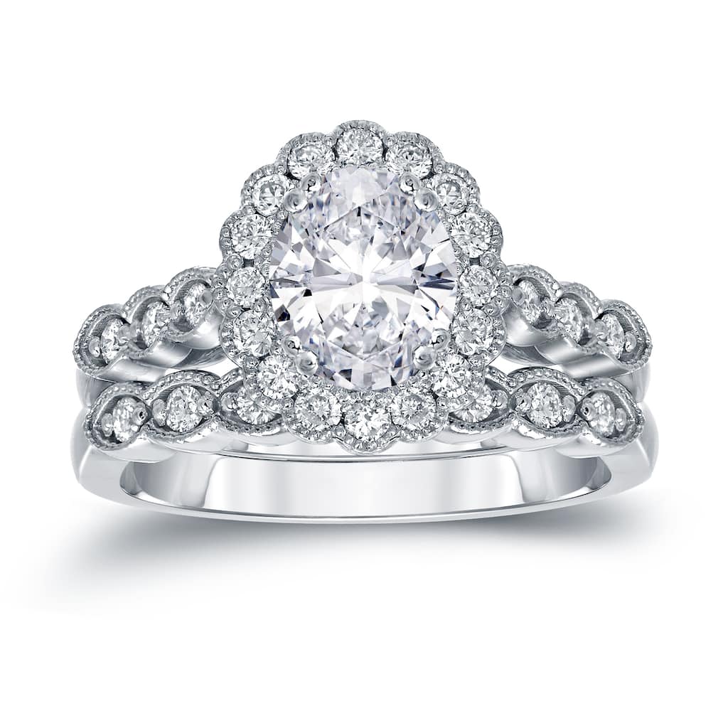Auriya Vintage 2 1/10ctw Halo Oval Diamond Engagement Ring Set Platinum Certified