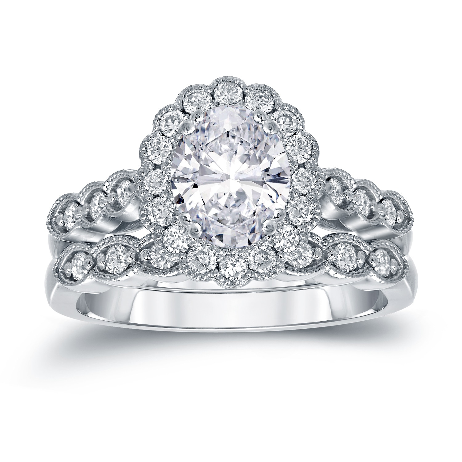 Auriya Vintage 2 1/10ctw Halo Oval Diamond Engagement Ring Set Platinum Certified