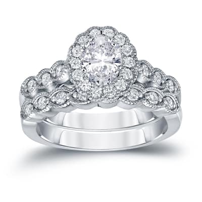 Auriya Platinum 1 3/5ctw Vintage Halo Oval Diamond Engagement Ring Set Certified