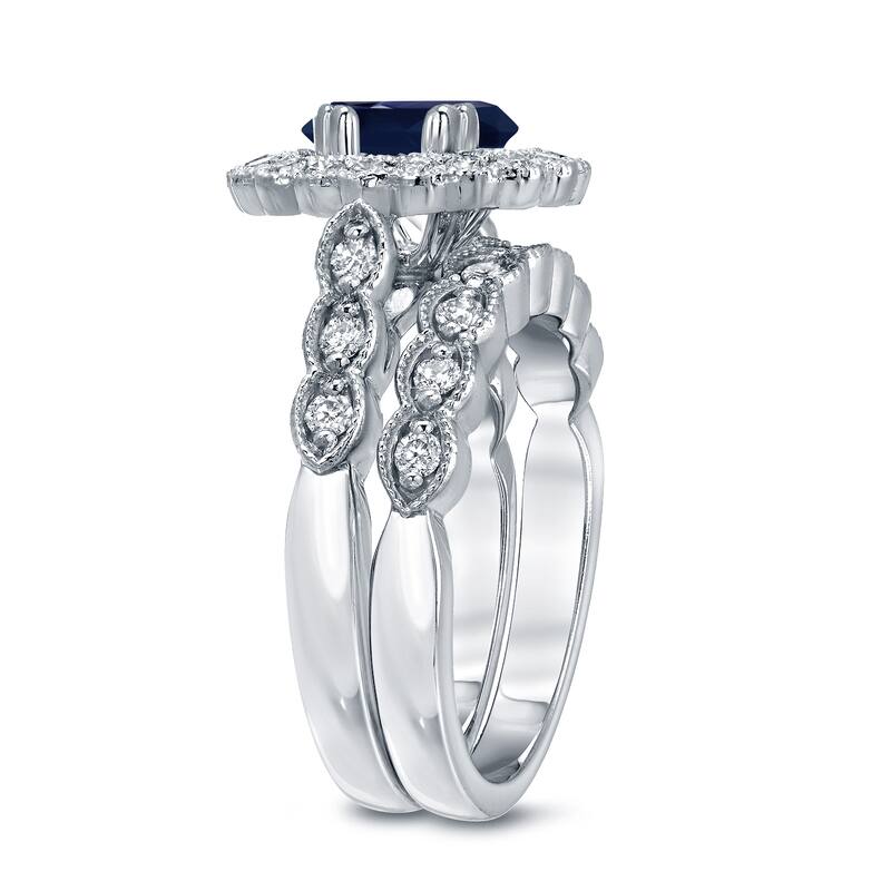 Auriya Vintage 2 1/2ct Sapphire Oval and 3/5ctw Halo Diamond Engagement Ring Set Platinum