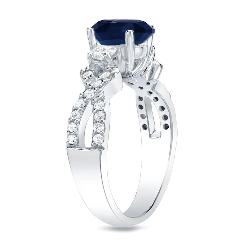 Platinum Round 1ct Sapphire and 1/2ct TDW 3-Stone Diamond Engagement Ring by Auriya