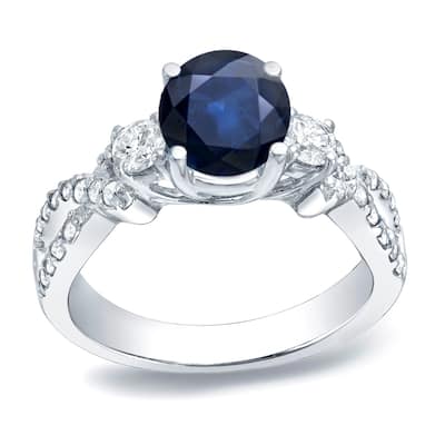 Platinum Round 1ct Sapphire and 1/2ct TDW 3-Stone Diamond Engagement Ring by Auriya
