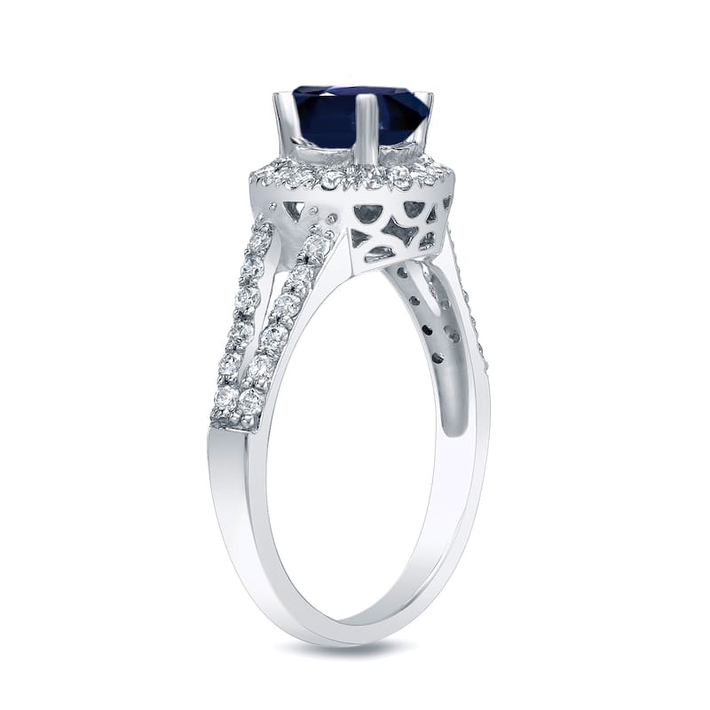 Platinum Round 3/4ct Blue Sapphire and 1/2ct TDW Diamond Halo Engagement Ring by Auriya