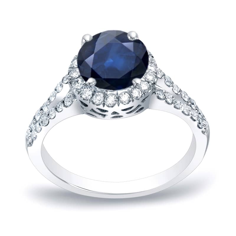 Platinum Round 3/4ct Blue Sapphire and 1/2ct TDW Diamond Halo Engagement Ring by Auriya