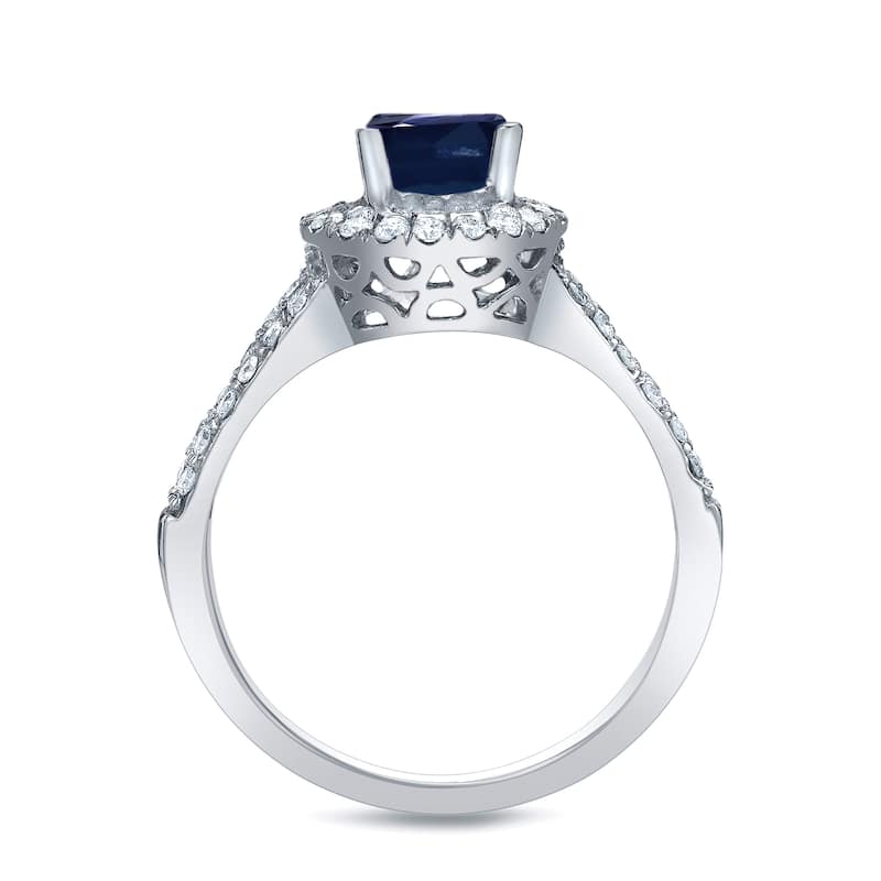 Platinum Round 3/4ct Blue Sapphire and 1/2ct TDW Diamond Halo Engagement Ring by Auriya