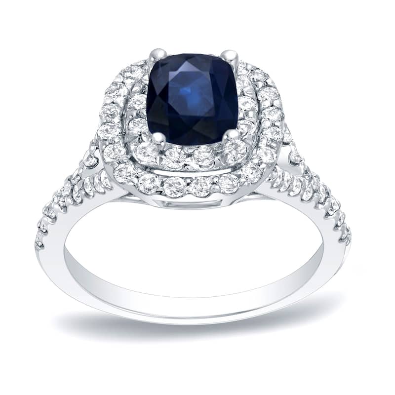 Platinum 1/2ct Cushion-Cut Blue Sapphire and 3/4ct TDW Diamond Halo Engagement Ring (H-I, SI1-SI2)