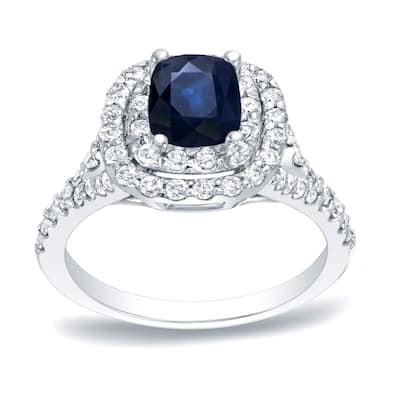 Platinum 1/2ct Cushion-Cut Blue Sapphire and 3/4ct TDW Diamond Halo Engagement Ring (H-I, SI1-SI2)