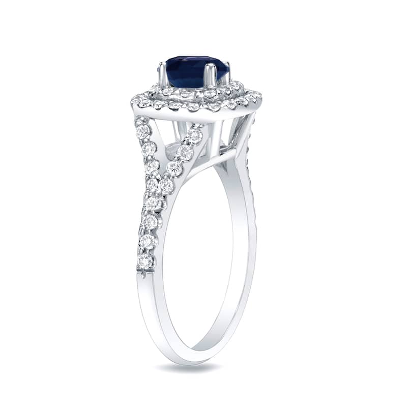 Platinum 1/2ct Cushion-Cut Blue Sapphire and 3/4ct TDW Diamond Halo Engagement Ring (H-I, SI1-SI2)