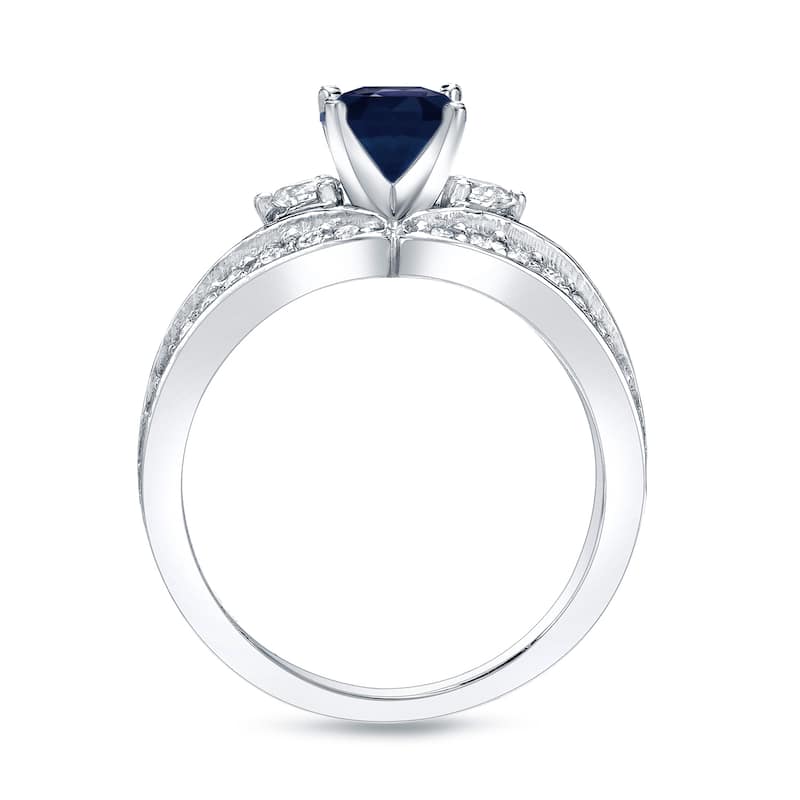 Platinum Round 1/2ct Blue Sapphire and 3/4ct TDW Three Stone Diamond Engagement Ring by Auriya