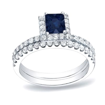 Auriya Platinum 1/2 carat Princess-cut Blue Sapphire and 3/4ct TDW Halo Diamond Engagement Ring Bridal Set