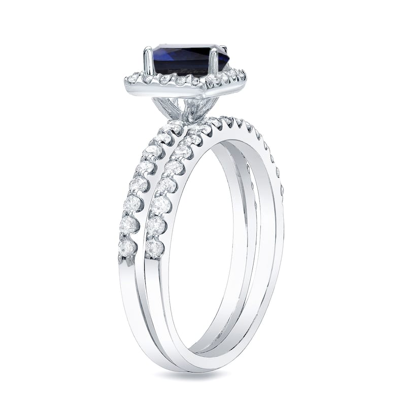 Auriya Platinum 1/2 carat Princess-cut Blue Sapphire and 3/4ct TDW Halo Diamond Engagement Ring Bridal Set