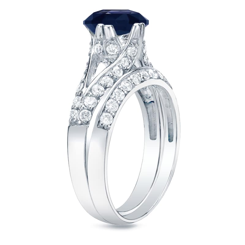 Platinum Round 1/2ct Sapphire and 3/4ct TDW Diamond Engagement Ring Set by Auriya