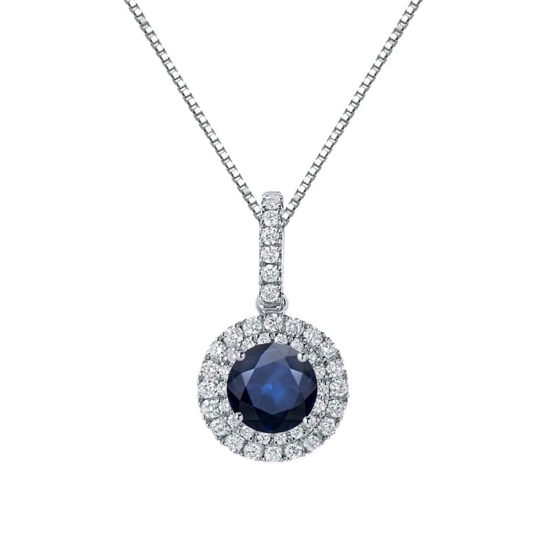 Auriya 2 1/2ct Round Blue Sapphire and 3/5ctw Double Halo Diamond Necklace 14K Gold