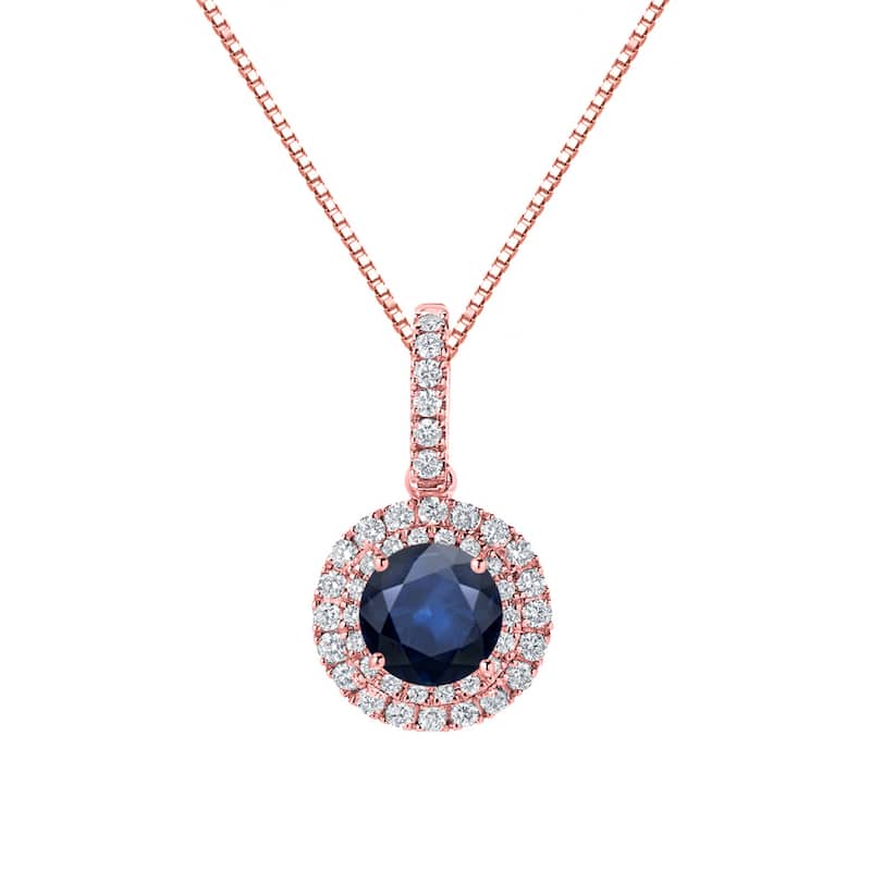 Auriya 2 1/2ct Round Blue Sapphire and 3/5ctw Double Halo Diamond Necklace 14K Gold