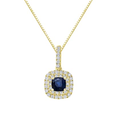 14k Gold Cushion-Cut 1 1/4ct Blue Sapphire and 3/5ct TDW Double Halo Diamond Necklace by Auriya