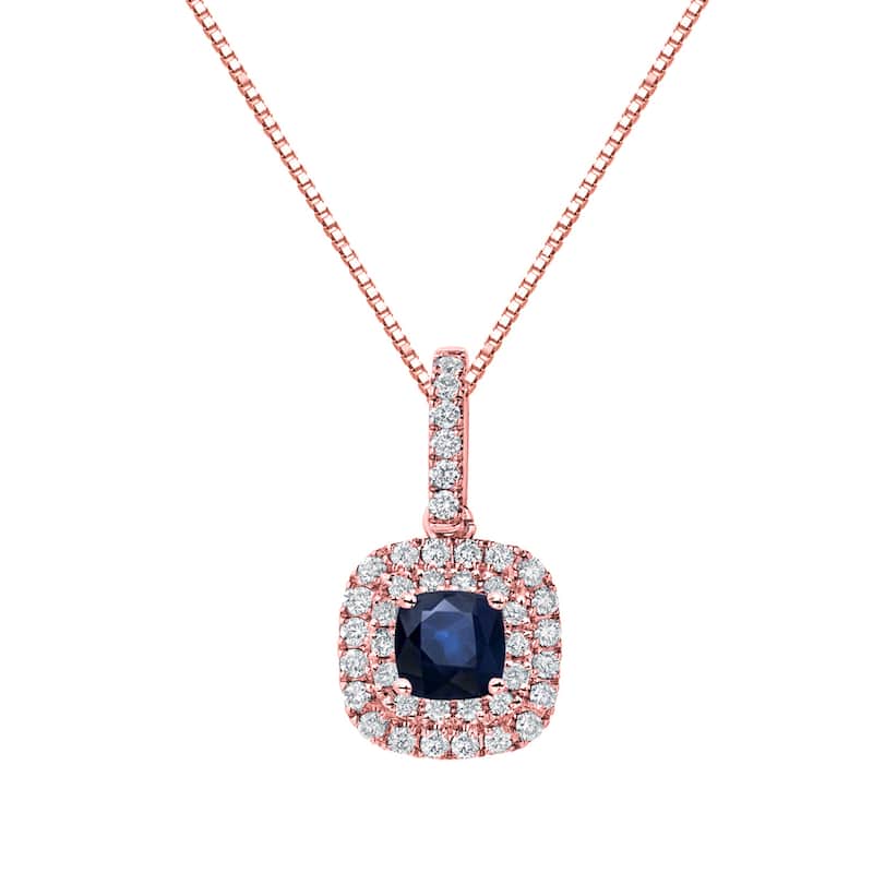 14k Gold Cushion-Cut 1 1/4ct Blue Sapphire and 3/5ct TDW Double Halo Diamond Necklace by Auriya