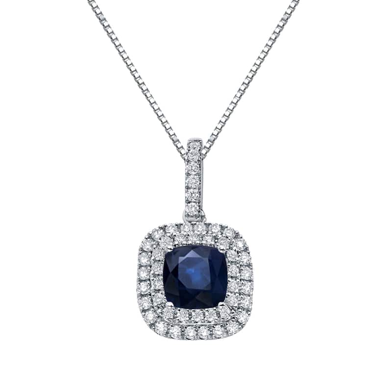 Auriya 3ct Blue Sapphire Cushion and 3/5ctw Double Halo Diamond Necklace 14K Gold