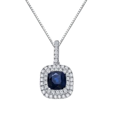 Auriya 3ct Blue Sapphire Cushion and 3/5ctw Double Halo Diamond Necklace 14K Gold