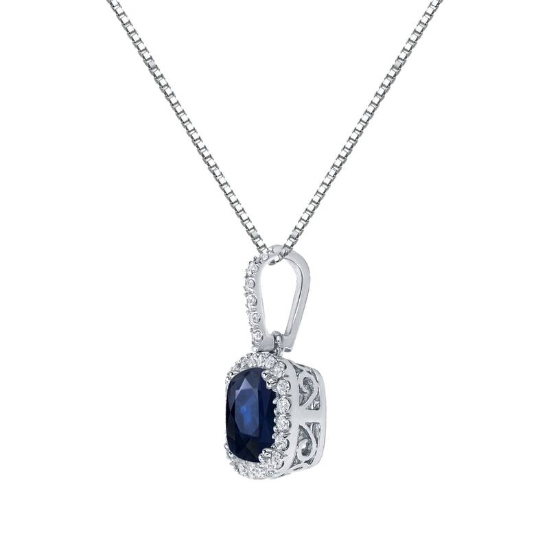 Auriya 2 1/2ct Cushion Cut Blue Sapphire and 3/5ctw Double Halo Diamond Necklace 14K Gold