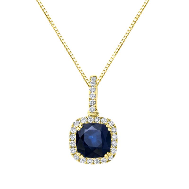 Auriya 2 1/2ct Cushion Cut Blue Sapphire and 3/5ctw Double Halo Diamond Necklace 14K Gold