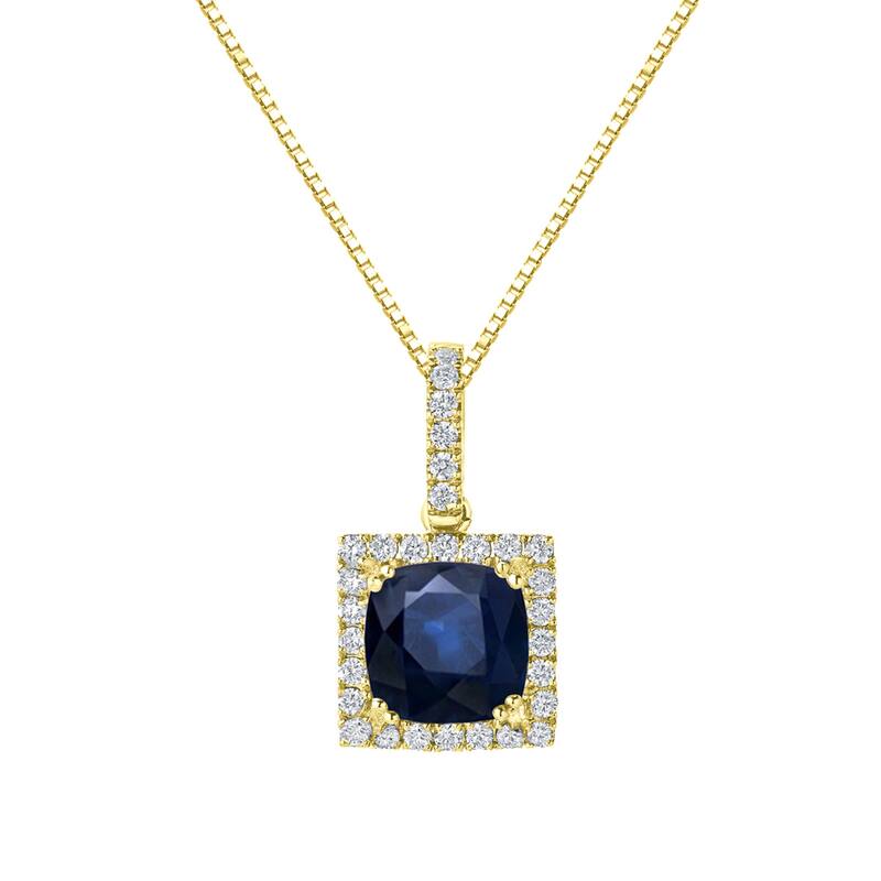 14k Gold Cushion-Cut 2 1/2ct Blue Sapphire and 3/5ct TDW Diamond Halo Necklace by Auriya