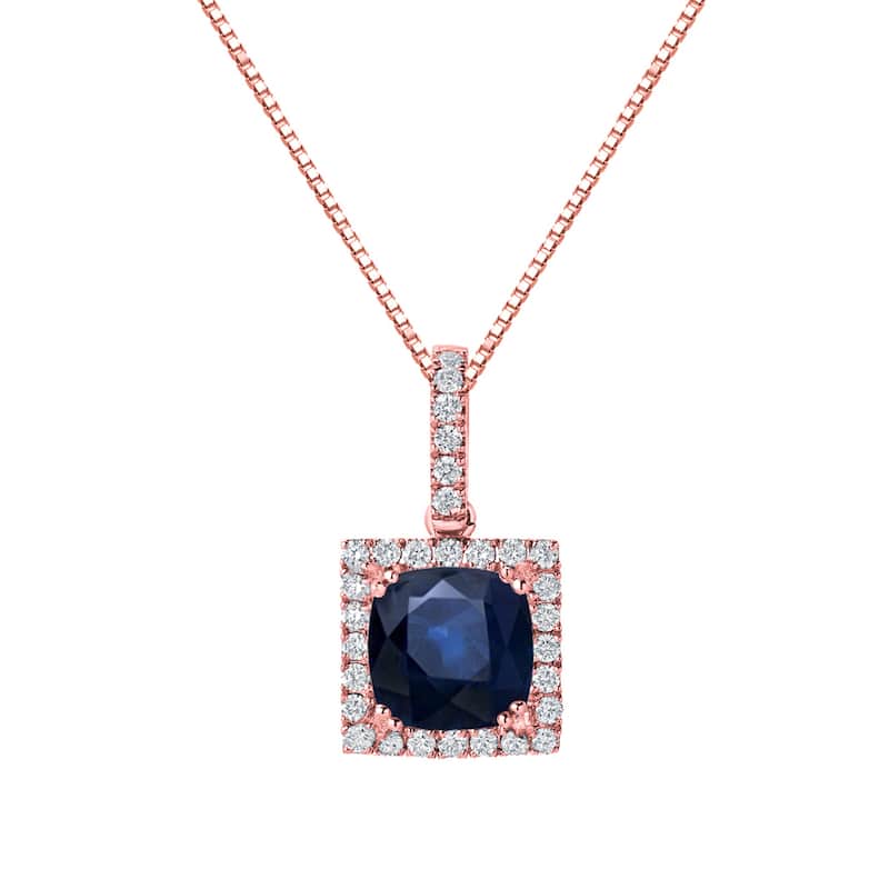 14k Gold Cushion-Cut 2 1/2ct Blue Sapphire and 3/5ct TDW Diamond Halo Necklace by Auriya