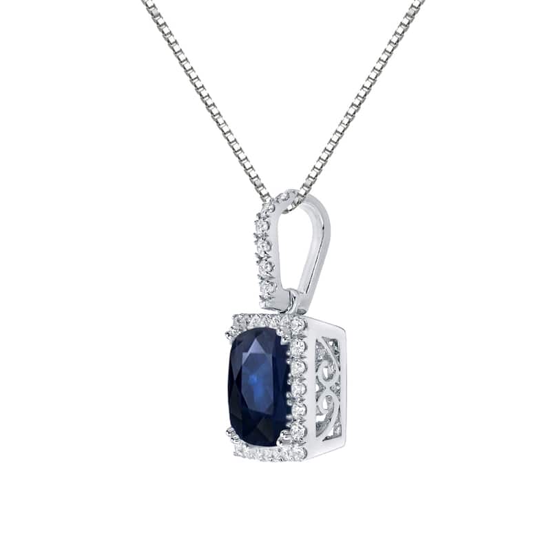 14k Gold Cushion-Cut 2 1/2ct Blue Sapphire and 3/5ct TDW Diamond Halo Necklace by Auriya