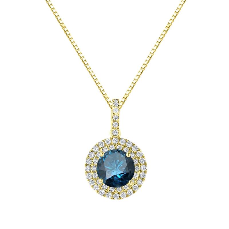 Auriya 2 3/5ctw Round Double Halo Blue Diamond Necklace 14k Gold (SI2-SI3) - Yellow