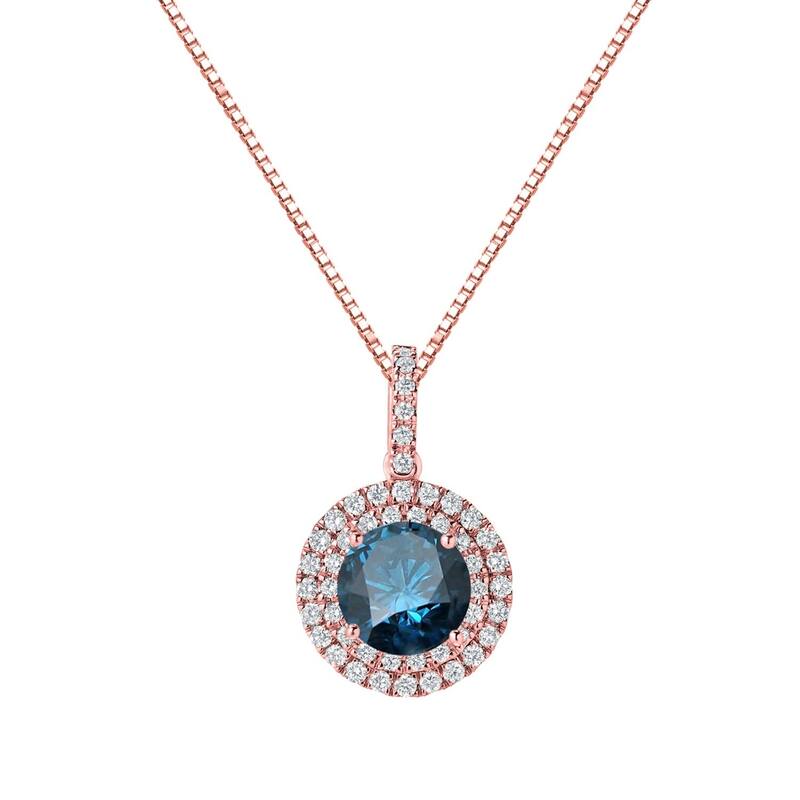 Auriya 2 3/5ctw Round Double Halo Blue Diamond Necklace 14k Gold (SI2-SI3) - Rose