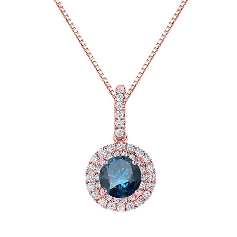 Auriya 3 1/8ctw Round Double Halo Blue Diamond Necklace 14k Gold (SI2-SI3) - Rose