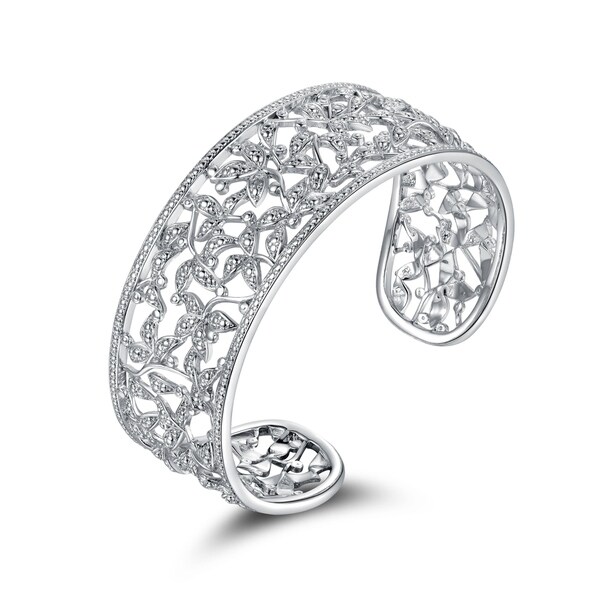 Rhodium Plated Brass Diamond Accent Filigree Leaf Cuff Bangle - Silver