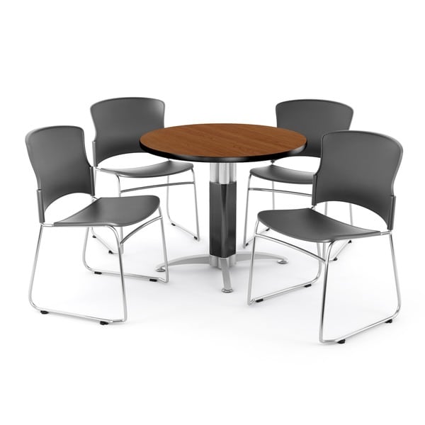 OFM Cherry 36-inch Round Mesh Base Table with 4 Multi Use Chairs