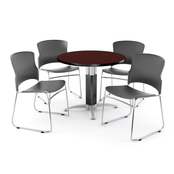 OFM Mahogany 36-inch Round Mesh Base Table with 4 Multi Use Chairs