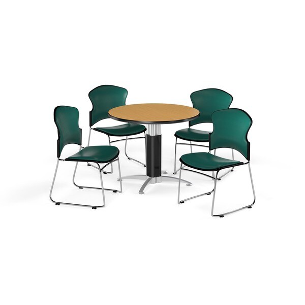 OFM Oak 42-inch Round Mesh Base Laminate Table with 4 Vinyl Chairs
