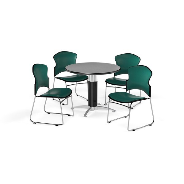 OFM Gray 36-inch Round Mesh Base Laminate Table with 4 Vinyl Chairs